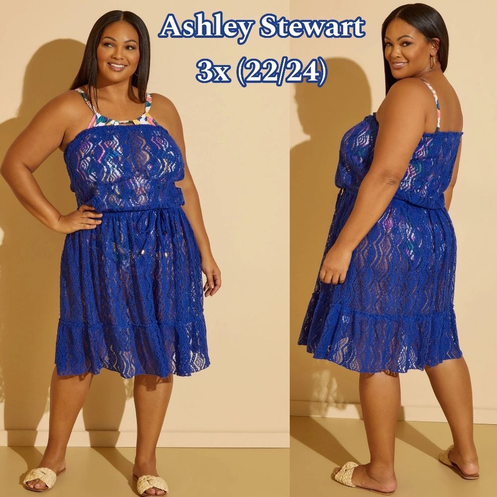 NWT 3X ASHLEY STEWART Just Cover Me Lace Swim Cover Up~ BLUE